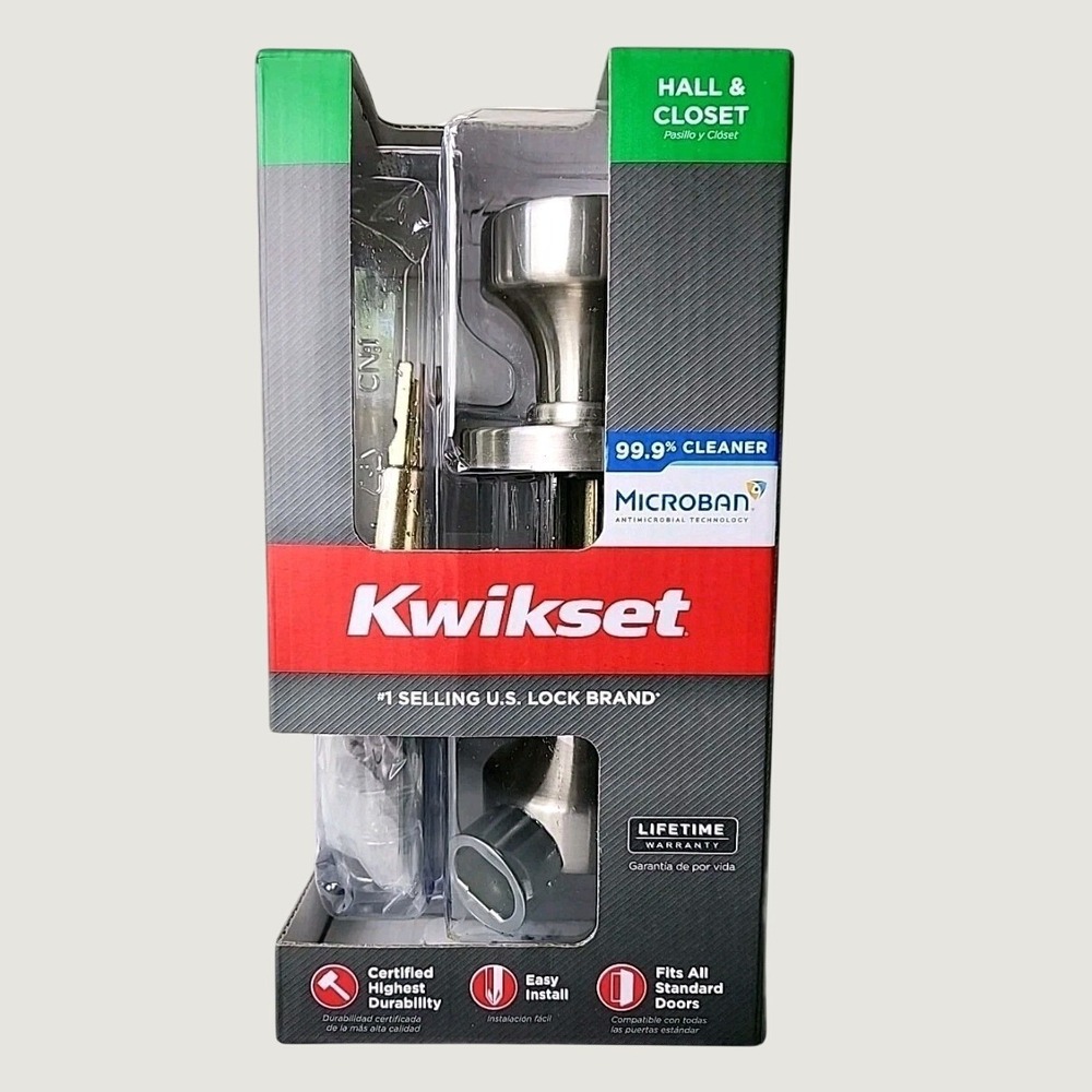NIB Kwikset Hall & Closet Door Handle Complete Set Satin Nickel 97200-888 Modern